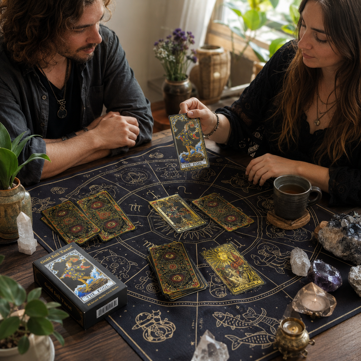 Gold Foil Tarot Cards Gilded Hexagram Paper Box Edition Waterproof PVC Plastic 78 Card Tarot Deck, Classic Divination Oracle Cards, Durable Shuffle Friendly Mystic Reading Gift for Beginners and Collectors
