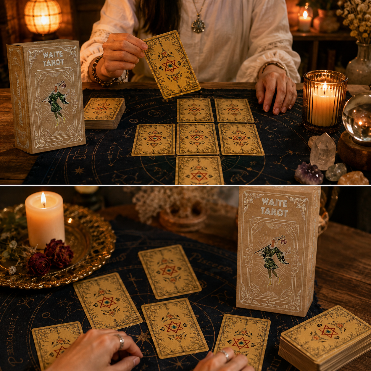Gold Foil Hexagram Tarot Deck Boxed Set Waterproof PVC Plastic 78-Card Waite Tarot Cards, Classic Divination Oracle Deck, Gold Hexagram Gift Box, Full Colour Printed Collectible Tarot Cards