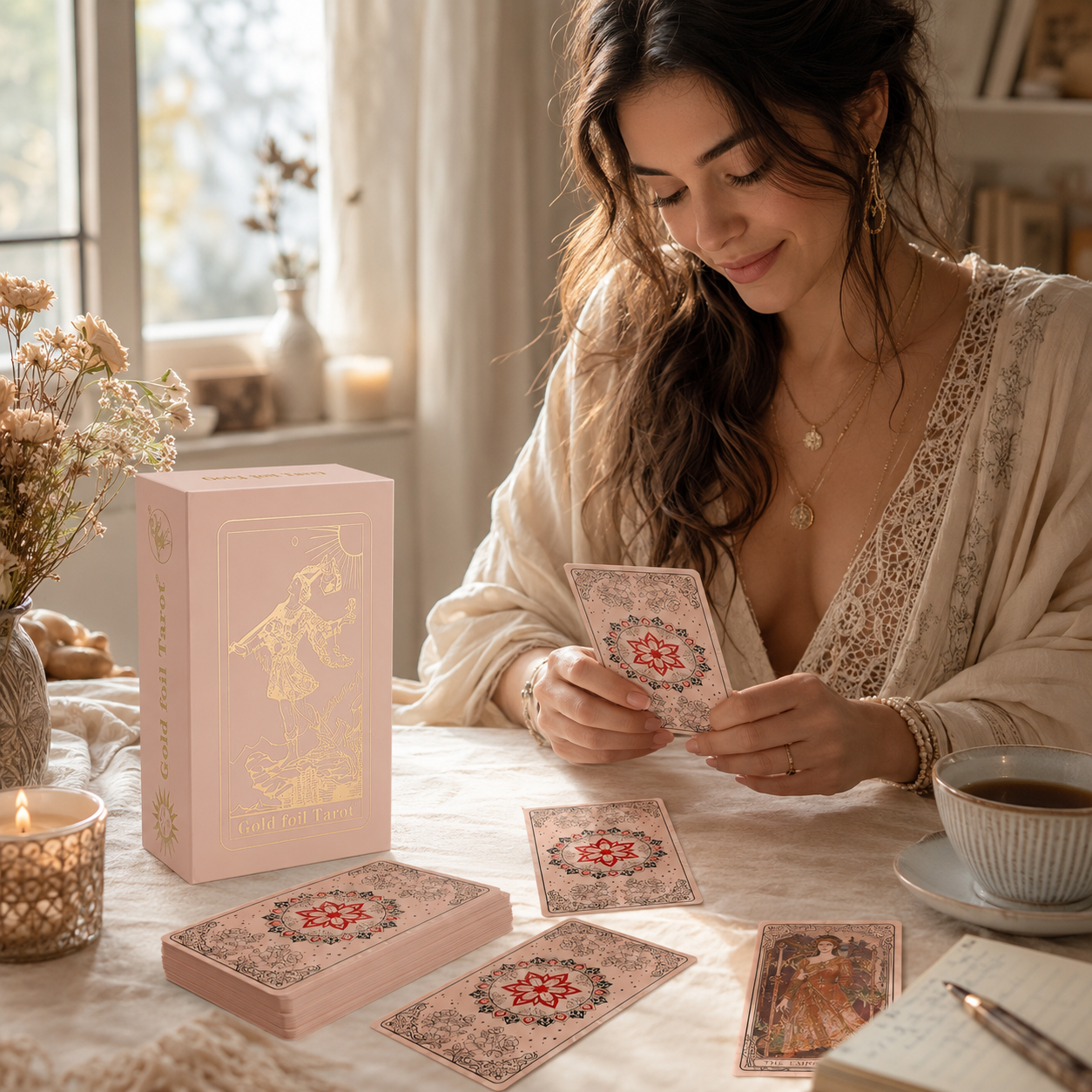 Gold Foil Tarot Deck Rose Seasons Boxed Set Waterproof PVC Plastic 78-Card Waite Tarot Cards, Full Colour Printed Divination Oracle Deck, Rose Seasons Gift Box, Collectible Tarot Card Set