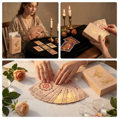 Gold Foil Tarot Deck Flower Love Boxed Set Waterproof PVC Plastic 78-Card Waite Tarot Cards, Full Colour Printed Divination Oracle Deck, Flower Love Gift Box, Collectible Tarot Card Set