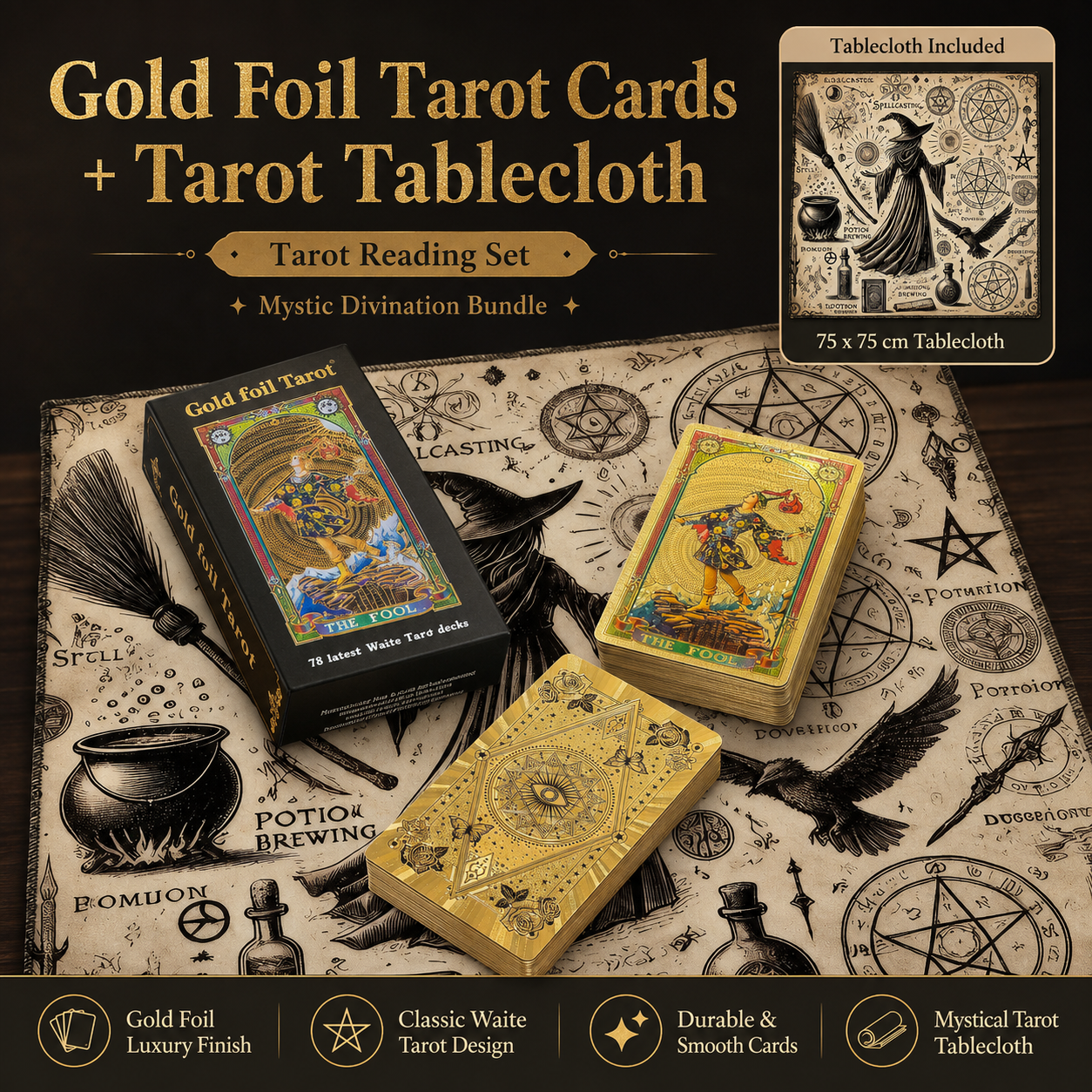 Gold Foil Eye Box Tarot Deck with 75 x 75 cm Witch Pattern Tarot Tablecloth, Waterproof PVC 78-Card Waite Tarot Cards, Gold Foil Divination Deck, Complete Tarot Reading Gift Set