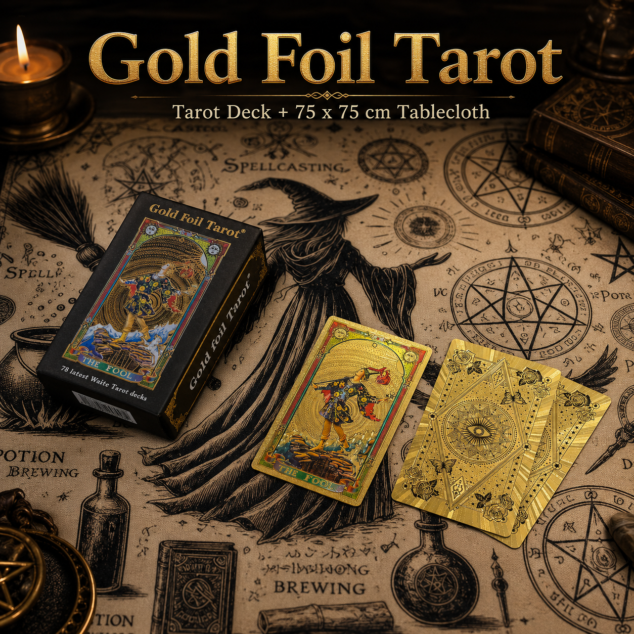 Gold Foil Eye Box Tarot Deck with 75 x 75 cm Witch Pattern Tarot Tablecloth, Waterproof PVC 78-Card Waite Tarot Cards, Gold Foil Divination Deck, Complete Tarot Reading Gift Set