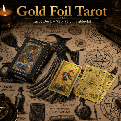 Gold Foil Eye Box Tarot Deck with 75 x 75 cm Witch Pattern Tarot Tablecloth, Waterproof PVC 78-Card Waite Tarot Cards, Gold Foil Divination Deck, Complete Tarot Reading Gift Set