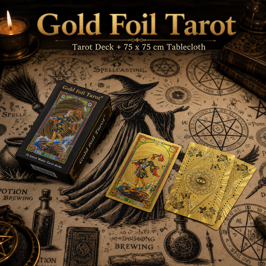 Gold Foil Eye Box Tarot Deck with 75 x 75 cm Witch Pattern Tarot Tablecloth, Waterproof PVC 78-Card Waite Tarot Cards, Gold Foil Divination Deck, Complete Tarot Reading Gift Set