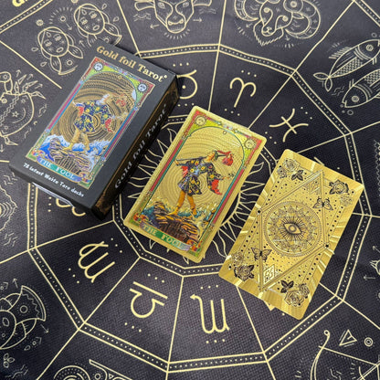 Gold Foil Eye Box Tarot Deck with 75 x 75 cm Witch Pattern Tarot Tablecloth, Waterproof PVC 78-Card Waite Tarot Cards, Gold Foil Divination Deck, Complete Tarot Reading Gift Set
