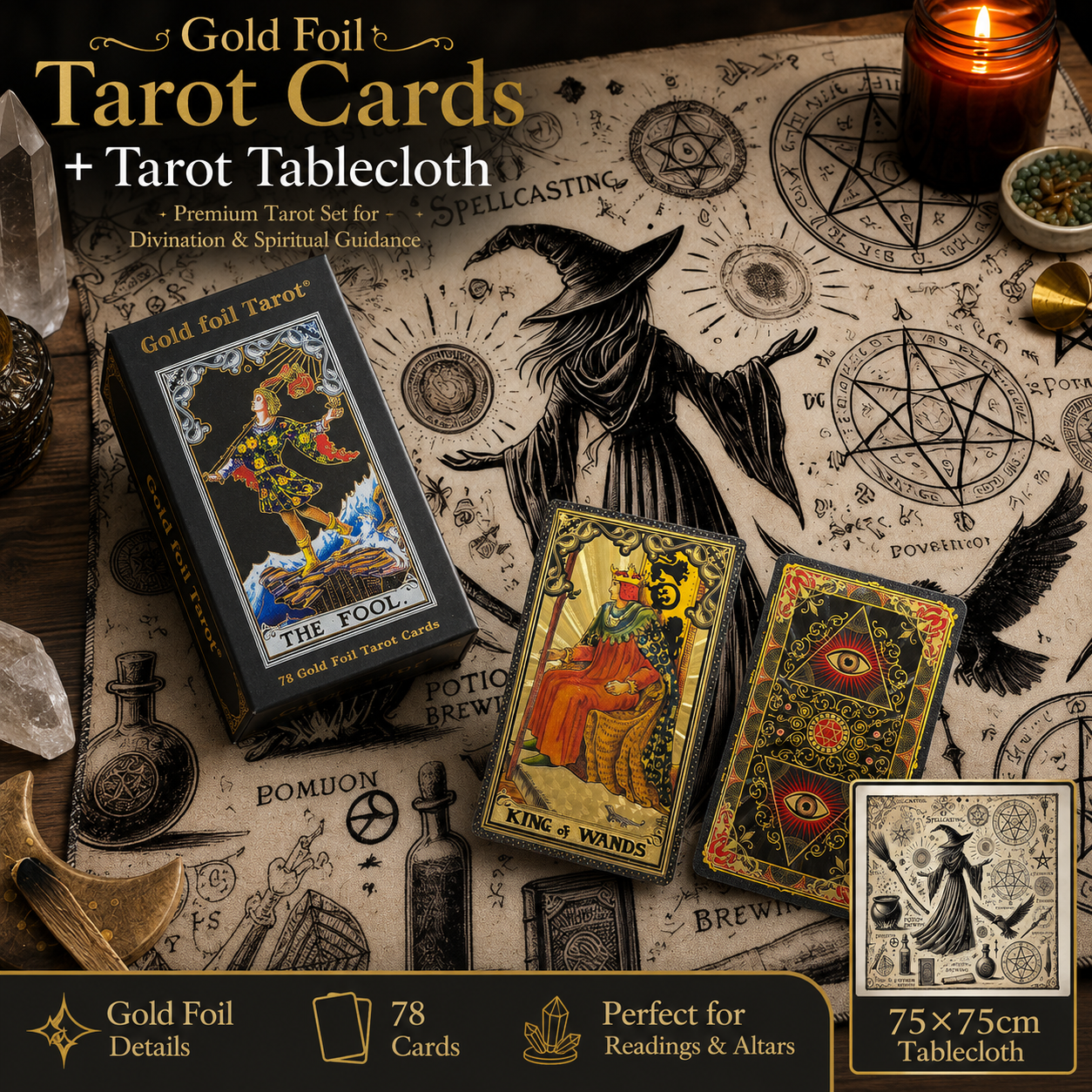 Gold Foil Tarot Cards with Hexagram Gift Box & 75 Ã— 75 cm Witch Tarot Tablecloth Set, Waterproof PVC Waite Tarot Deck, 78 Gilded Cards, Divination Reading Bundle, Spiritual Gift Set