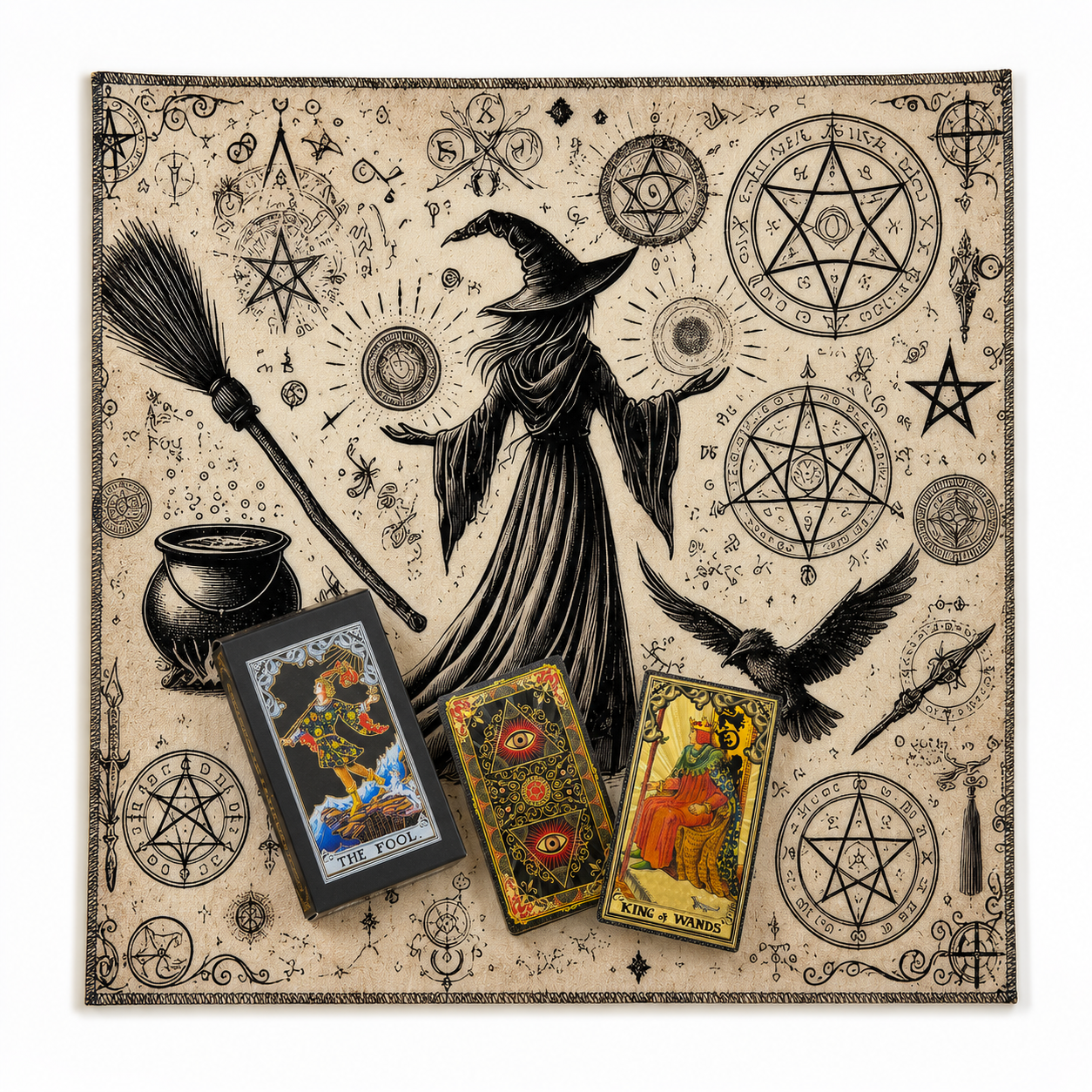 Gold Foil Tarot Cards with Hexagram Gift Box & 75 Ã— 75 cm Witch Tarot Tablecloth Set, Waterproof PVC Waite Tarot Deck, 78 Gilded Cards, Divination Reading Bundle, Spiritual Gift Set