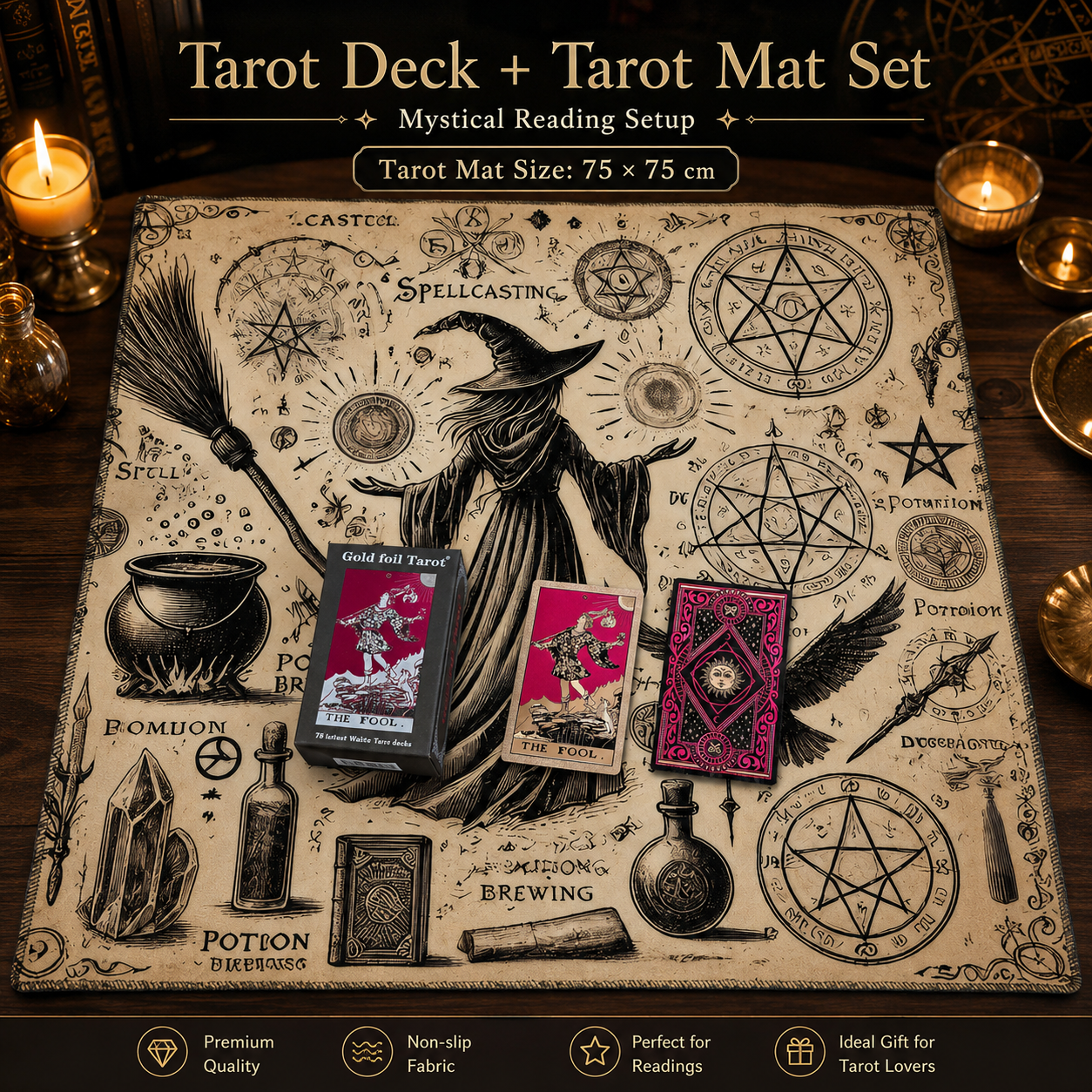 Gold Foil Eye Box Tarot Deck with 75 x 75 cm Witch Pattern Tarot Tablecloth, Waterproof PVC 78-Card Waite Tarot Cards, Gold Foil Divination Deck, Complete Tarot Reading Gift Set