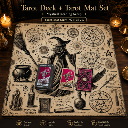 Gold Foil Eye Box Tarot Deck with 75 x 75 cm Witch Pattern Tarot Tablecloth, Waterproof PVC 78-Card Waite Tarot Cards, Gold Foil Divination Deck, Complete Tarot Reading Gift Set