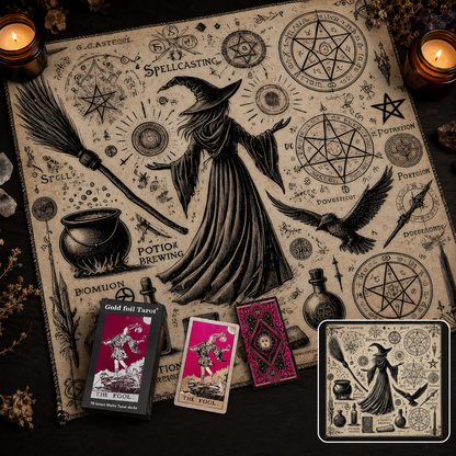 Gold Foil Eye Box Tarot Deck with 75 x 75 cm Witch Pattern Tarot Tablecloth, Waterproof PVC 78-Card Waite Tarot Cards, Gold Foil Divination Deck, Complete Tarot Reading Gift Set
