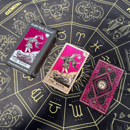 Gold Foil Eye Box Tarot Deck with 75 x 75 cm Witch Pattern Tarot Tablecloth, Waterproof PVC 78-Card Waite Tarot Cards, Gold Foil Divination Deck, Complete Tarot Reading Gift Set