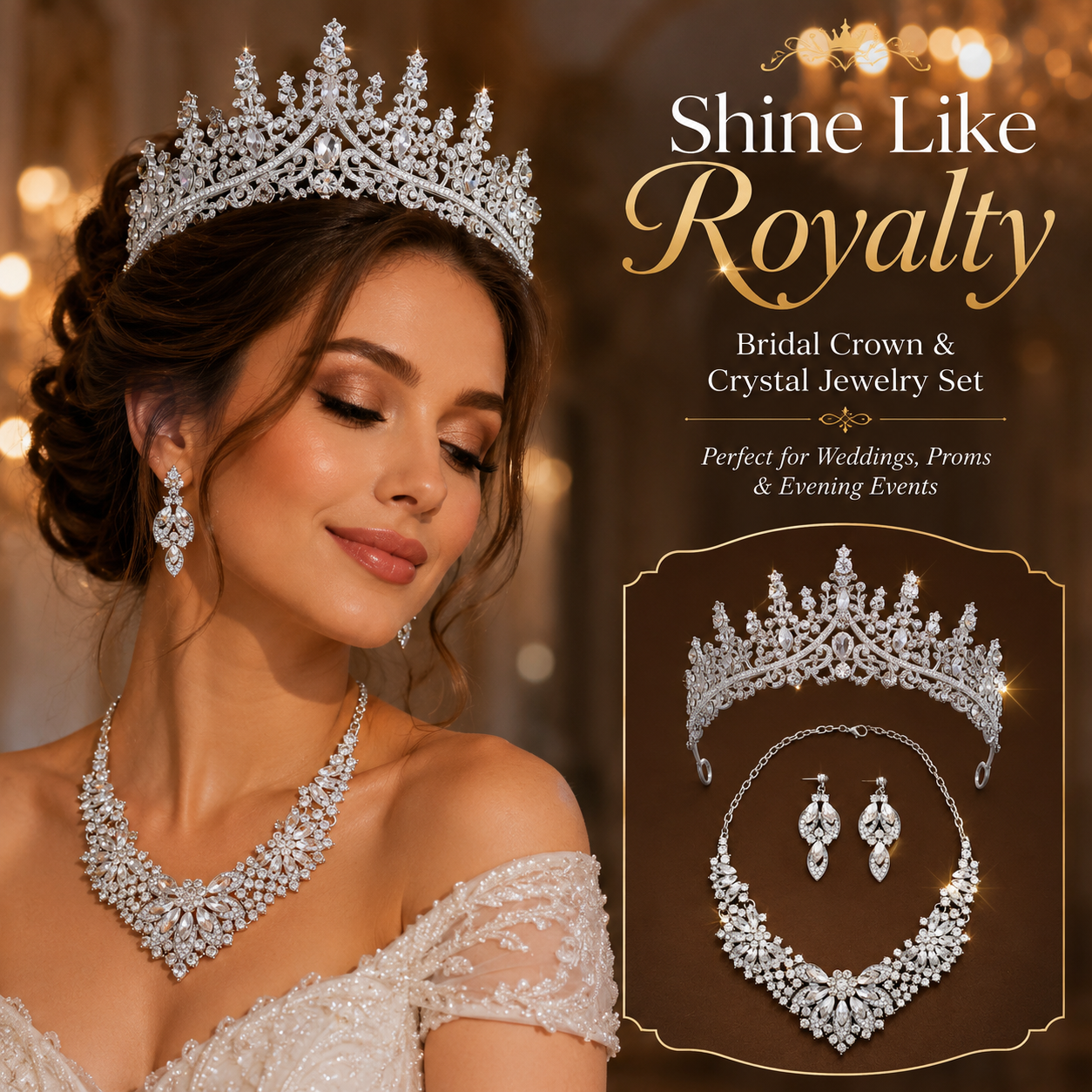 Luxury Crystal Bridal Tiara Necklace Earrings Set Sparkling Rhinestone Crown Jewelry Set for Wedding Bride Prom Party Evening Dress Accessories