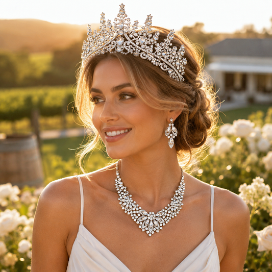 Luxury Crystal Bridal Tiara Necklace Earrings Set Sparkling Rhinestone Crown Jewelry Set for Wedding Bride Prom Party Evening Dress Accessories