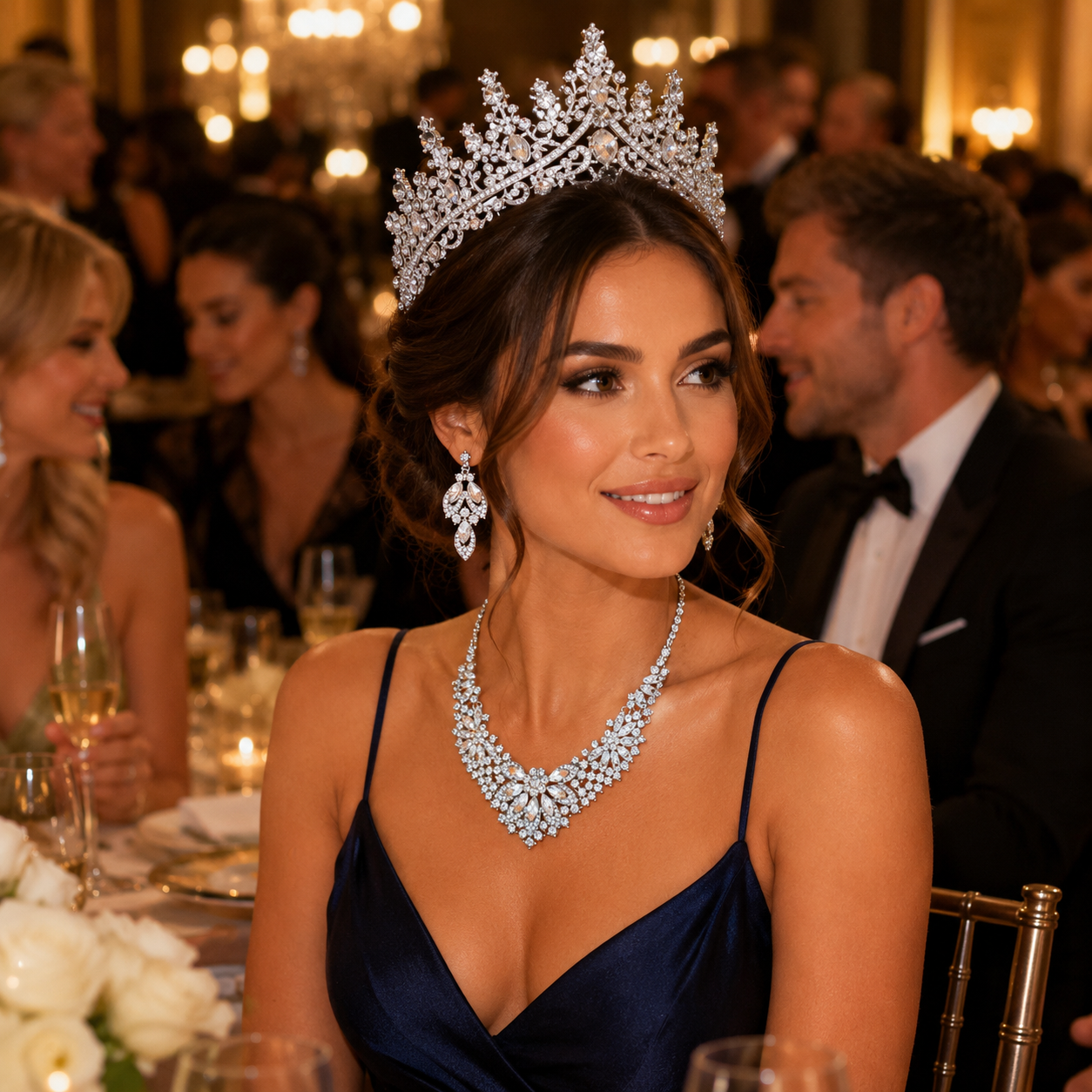 Luxury Crystal Bridal Tiara Necklace Earrings Set Sparkling Rhinestone Crown Jewelry Set for Wedding Bride Prom Party Evening Dress Accessories