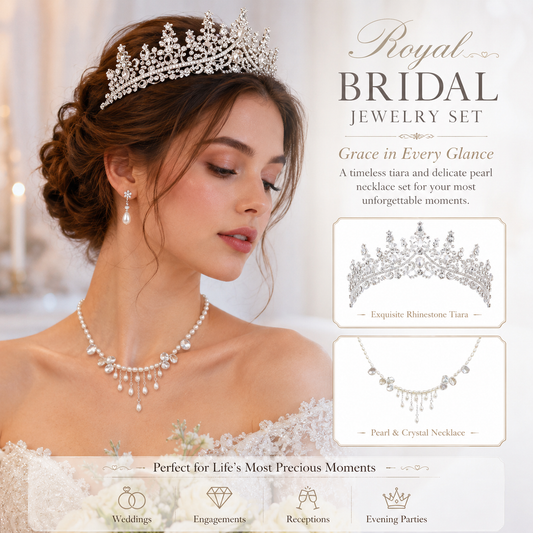 Pearl Tassel Necklace & Rhinestone Tiara Set Bridal Crown Jewelry Accessories for Wedding Bride Prom Party Evening Events