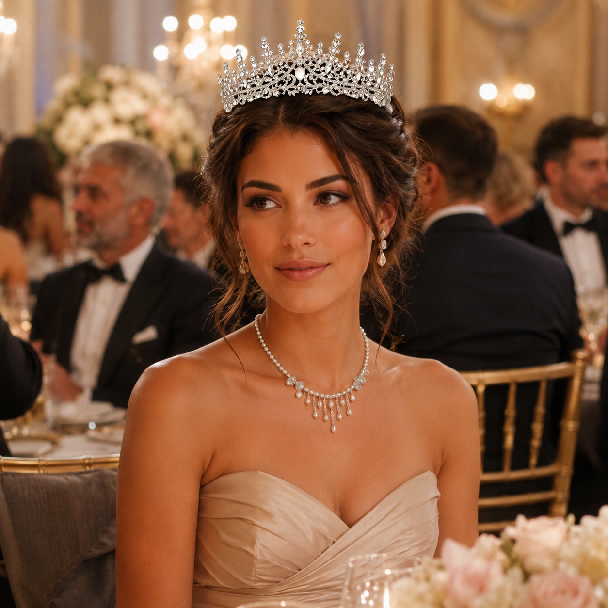 Pearl Tassel Necklace & Rhinestone Tiara Set Bridal Crown Jewelry Accessories for Wedding Bride Prom Party Evening Events