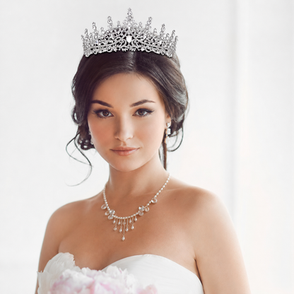 Pearl Tassel Necklace & Rhinestone Tiara Set Bridal Crown Jewelry Accessories for Wedding Bride Prom Party Evening Events