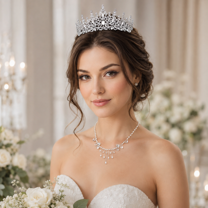 Pearl Tassel Necklace & Rhinestone Tiara Set Bridal Crown Jewelry Accessories for Wedding Bride Prom Party Evening Events