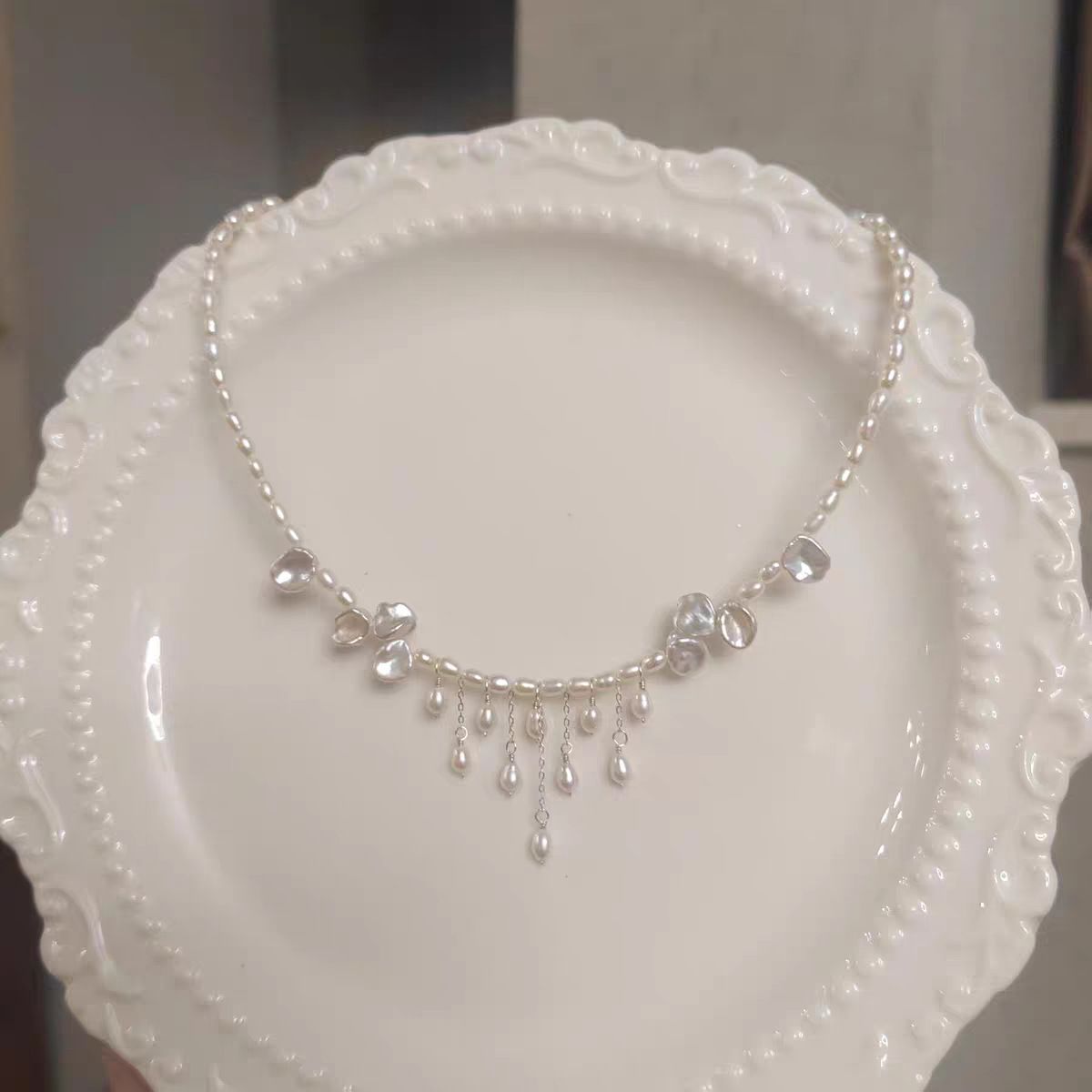 Pearl Tassel Necklace & Rhinestone Tiara Set Bridal Crown Jewelry Accessories for Wedding Bride Prom Party Evening Events