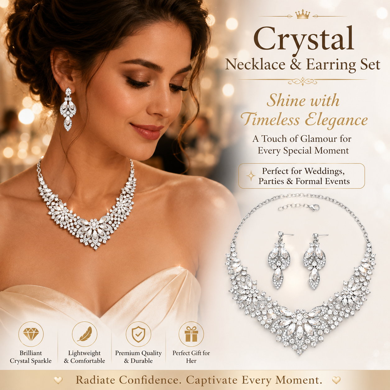 Crystal Necklace Earrings Set for Women Luxury Rhinestone Bridal Jewelry Statement Choker Necklace Wedding Bride Prom Party Accessories