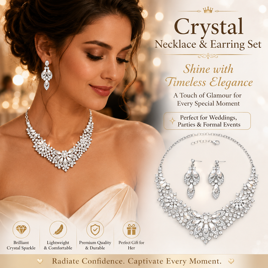 Crystal Necklace Earrings Set for Women Luxury Rhinestone Bridal Jewelry Statement Choker Necklace Wedding Bride Prom Party Accessories
