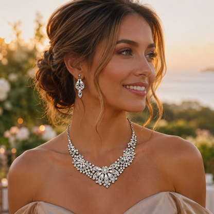 Crystal Necklace Earrings Set for Women Luxury Rhinestone Bridal Jewelry Statement Choker Necklace Wedding Bride Prom Party Accessories