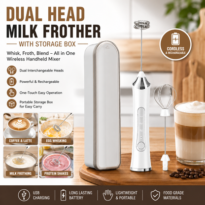 White 2 in 1 Handheld Electric Milk Frother and Egg Whisk with Storage Case Wireless Rechargeable Coffee Frother Mixer for Latte Cappuccino Baking Cream and Kitchen Use