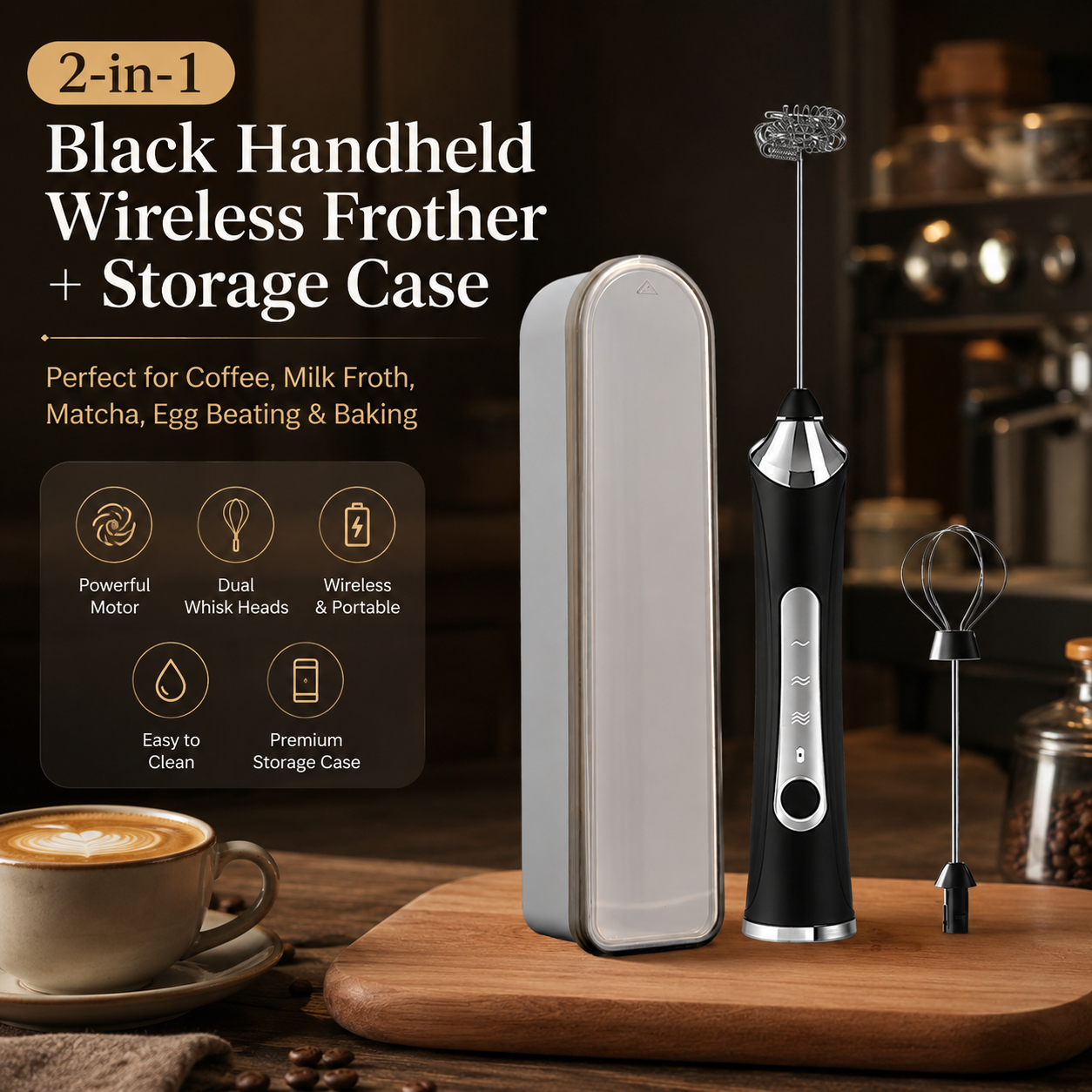 Black 2 in 1 Handheld Electric Milk Frother and Egg Whisk with Storage Case Wireless Rechargeable Coffee Frother Mixer for Latte Cappuccino Baking Cream and Kitchen Use
