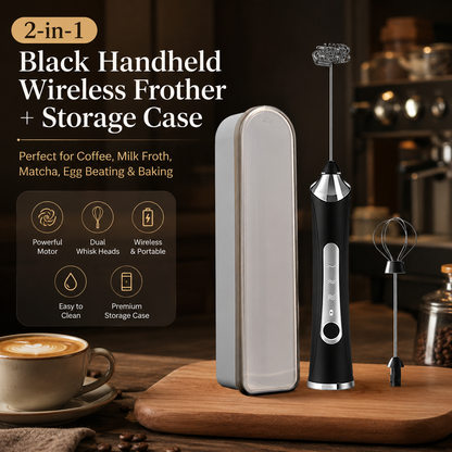Black 2 in 1 Handheld Electric Milk Frother and Egg Whisk with Storage Case Wireless Rechargeable Coffee Frother Mixer for Latte Cappuccino Baking Cream and Kitchen Use