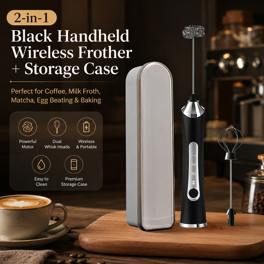 Black 2 in 1 Handheld Electric Milk Frother and Egg Whisk with Storage Case Wireless Rechargeable Coffee Frother Mixer for Latte Cappuccino Baking Cream and Kitchen Use