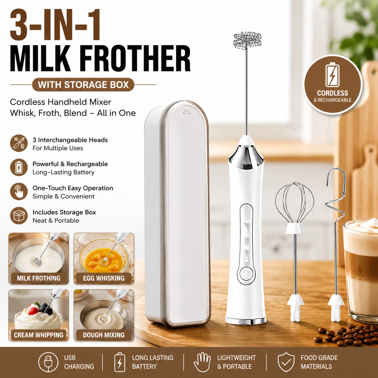 White 3 in 1 Handheld Electric Milk Frother with Storage Case Wireless Rechargeable Mixer and Whisk for Coffee Latte Cappuccino Cream Baking and Kitchen Use