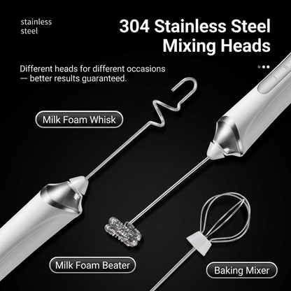 White 3 in 1 Handheld Electric Milk Frother with Storage Case Wireless Rechargeable Mixer and Whisk for Coffee Latte Cappuccino Cream Baking and Kitchen Use