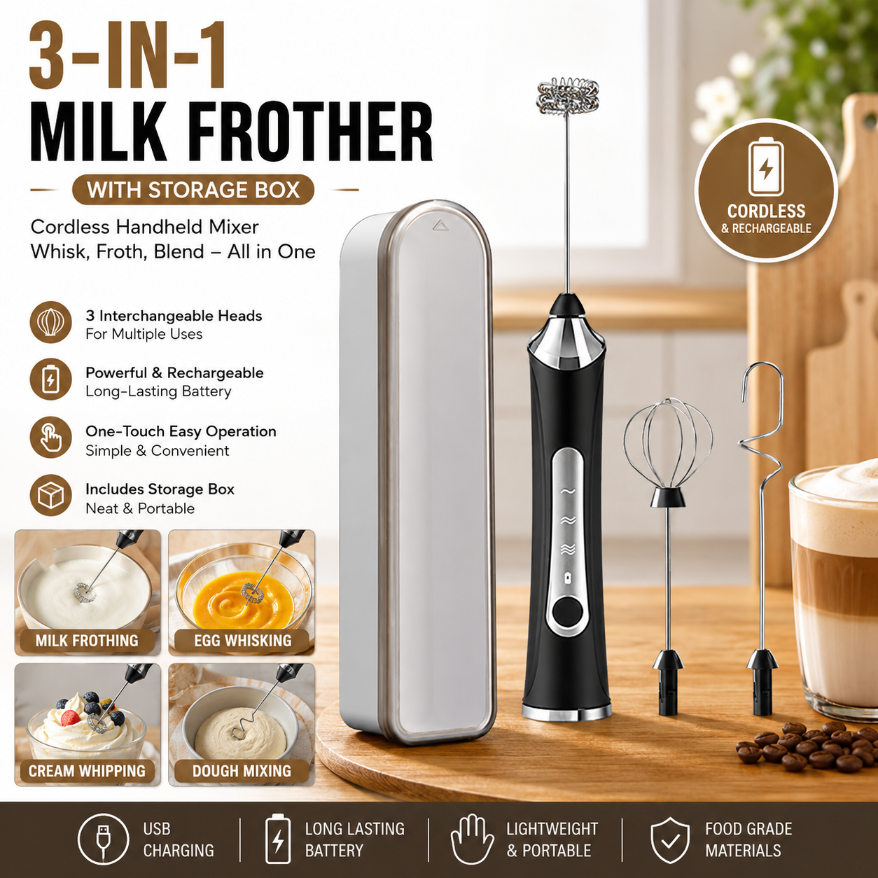 Black 3 in 1 Handheld Electric Milk Frother with Storage Case Wireless Rechargeable Mixer and Whisk for Coffee Latte Cappuccino Cream Baking and Kitchen Use