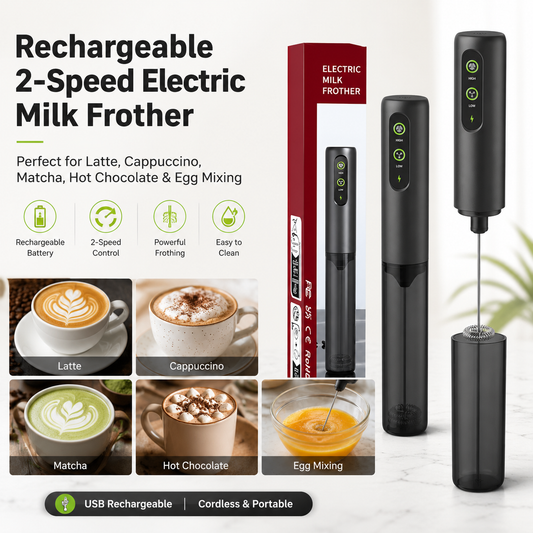Rechargeable Handheld Milk Frother with Adjustable Speed Electric Whisk Mixer Portable Coffee Foam Maker for Latte Cappuccino Egg Cream and Baking