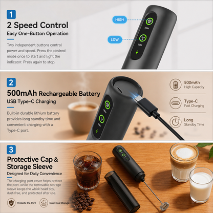Rechargeable Handheld Milk Frother with Adjustable Speed Electric Whisk Mixer Portable Coffee Foam Maker for Latte Cappuccino Egg Cream and Baking