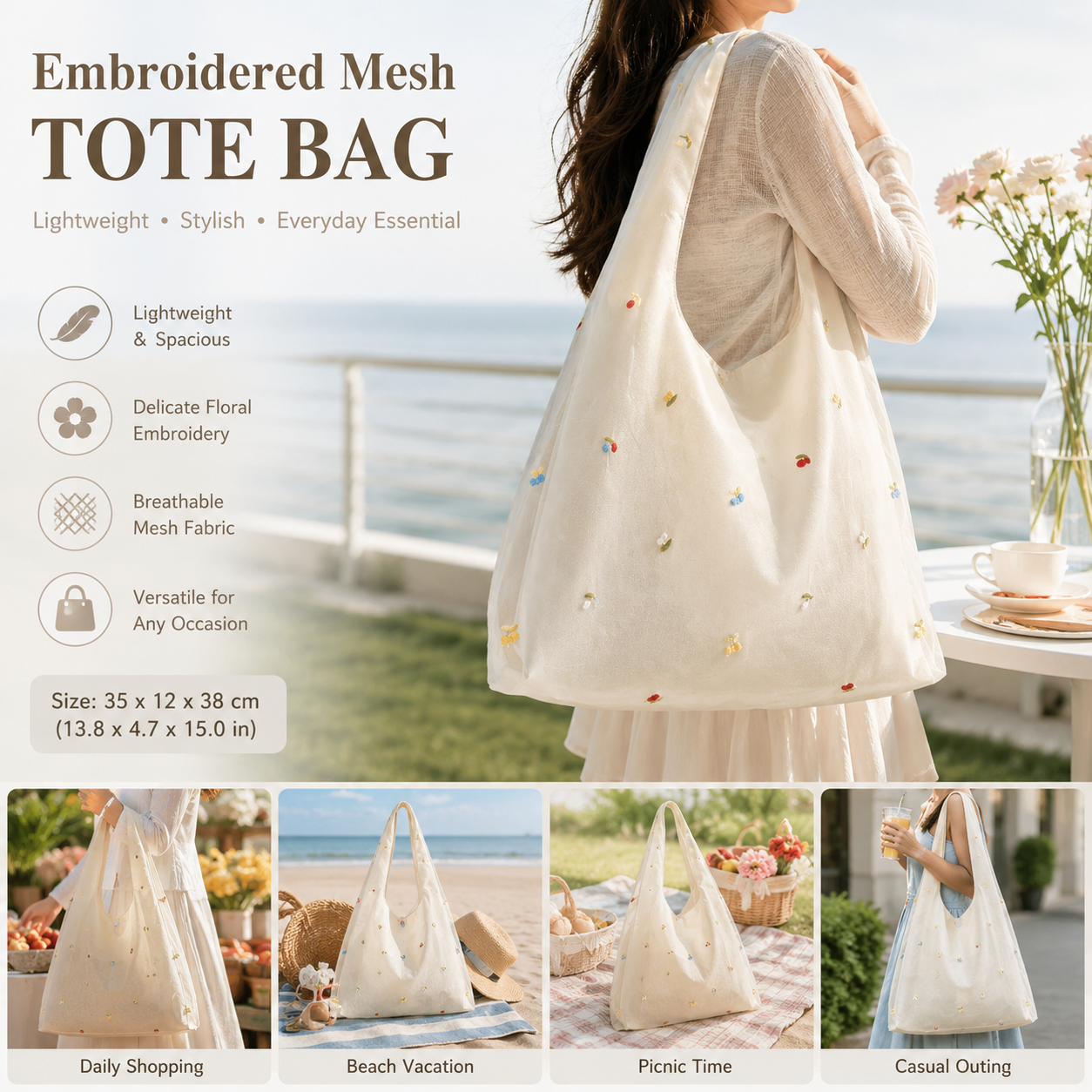 Embroidered Mesh Tote Bag for Women Large Capacity Shoulder Bag Lightweight Floral Embroidery Handbag Casual Daily Work Commuter Bag Stylish Summer Beach Shopping Bag