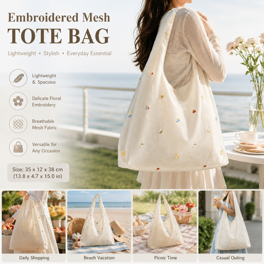 Embroidered Mesh Tote Bag for Women Large Capacity Shoulder Bag Lightweight Floral Embroidery Handbag Casual Daily Work Commuter Bag Stylish Summer Beach Shopping Bag