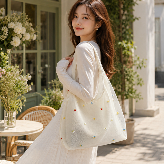 Embroidered Mesh Tote Bag for Women Large Capacity Shoulder Bag Lightweight Floral Embroidery Handbag Casual Daily Work Commuter Bag Stylish Summer Beach Shopping Bag