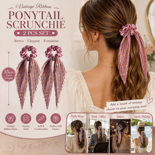 Deep pink Vintage Ribbon Ponytail Scrunchie 2 Pack for Women Pleated Satin Hair Tie with Long Ribbon Tails Elegant Retro Hair Accessory for Ponytail Styling Daily Wear Party Travel Gift