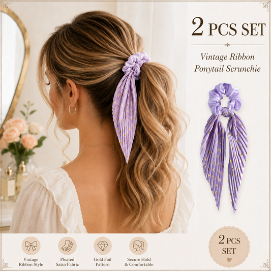 Purple Vintage Ribbon Ponytail Scrunchie 2 Pack for Women Pleated Satin Hair Tie with Long Ribbon Tails Elegant Retro Hair Accessory for Ponytail Styling Daily Wear Party Travel Gift