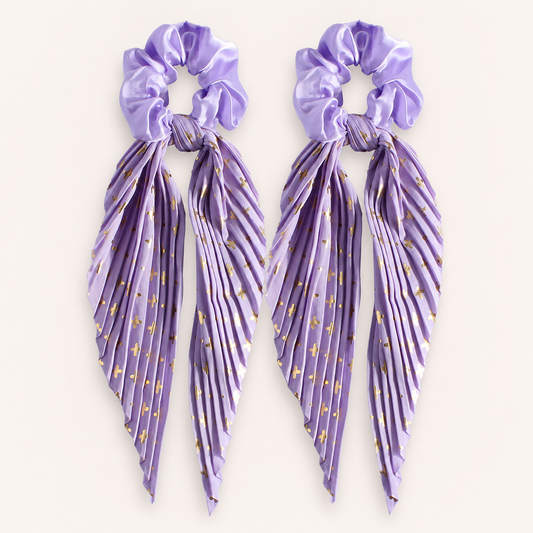 Purple Vintage Ribbon Ponytail Scrunchie 2 Pack for Women Pleated Satin Hair Tie with Long Ribbon Tails Elegant Retro Hair Accessory for Ponytail Styling Daily Wear Party Travel Gift