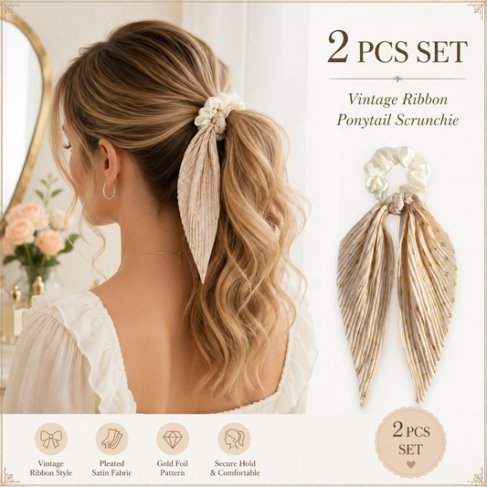 Beige Vintage Ribbon Ponytail Scrunchie 2 Pack for Women Pleated Satin Hair Tie with Long Ribbon Tails Elegant Retro Hair Accessory for Ponytail Styling Daily Wear Party Travel Gift