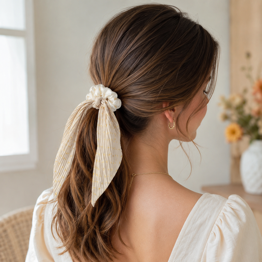 Beige Vintage Ribbon Ponytail Scrunchie 2 Pack for Women Pleated Satin Hair Tie with Long Ribbon Tails Elegant Retro Hair Accessory for Ponytail Styling Daily Wear Party Travel Gift