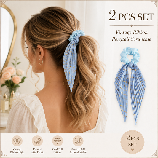 Sky Blue Vintage Ribbon Ponytail Scrunchie 2 Pack for Women Pleated Satin Hair Tie with Long Ribbon Tails Elegant Retro Hair Accessory for Ponytail Styling Daily Wear Party Travel Gift