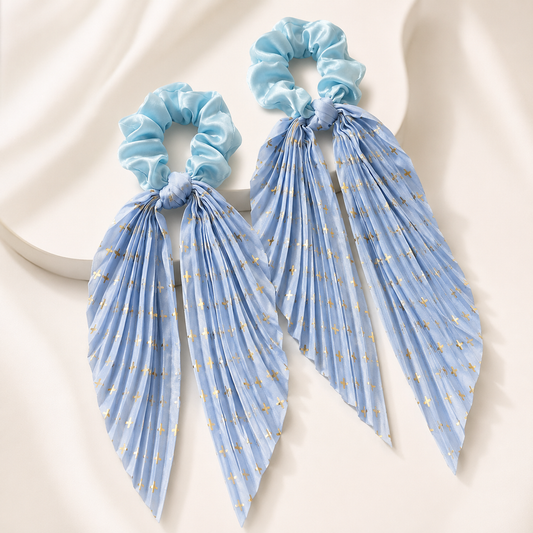Sky Blue Vintage Ribbon Ponytail Scrunchie 2 Pack for Women Pleated Satin Hair Tie with Long Ribbon Tails Elegant Retro Hair Accessory for Ponytail Styling Daily Wear Party Travel Gift
