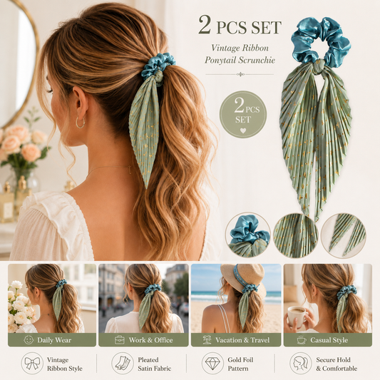 Light Green Vintage Ribbon Ponytail Scrunchie 2 Pack for Women Pleated Satin Hair Tie with Long Ribbon Tails Elegant Retro Hair Accessory for Ponytail Styling Daily Wear Party Travel Gift