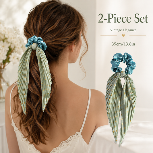 Light Green Vintage Ribbon Ponytail Scrunchie 2 Pack for Women Pleated Satin Hair Tie with Long Ribbon Tails Elegant Retro Hair Accessory for Ponytail Styling Daily Wear Party Travel Gift