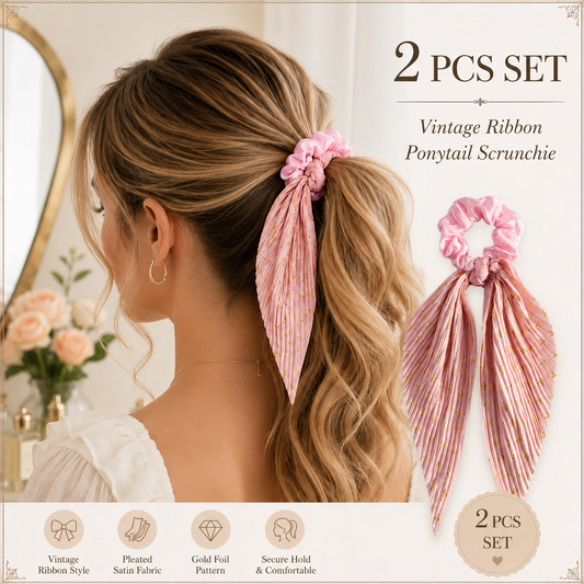 Pink Vintage Ribbon Ponytail Scrunchie 2 Pack for Women Pleated Satin Hair Tie with Long Ribbon Tails Elegant Retro Hair Accessory for Ponytail Styling Daily Wear Party Travel Gift
