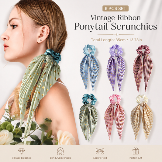 6 Pack Vintage Ribbon Ponytail Scrunchies for Women Pleated Satin Hair Ties with Long Ribbon Tails Elegant Retro Hair Accessories Set for Ponytail Styling Daily Wear Party Travel Gift