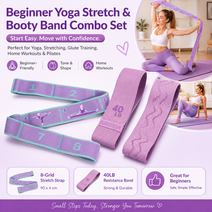 8 Grid Yoga Stretching Strap and 40LB Resistance Band Set for Pilates Workout Adjustable Stretch Band with Numbered Positions Glute Training Exercise Band Fitness Equipment for Yoga Dance Flexibility Training